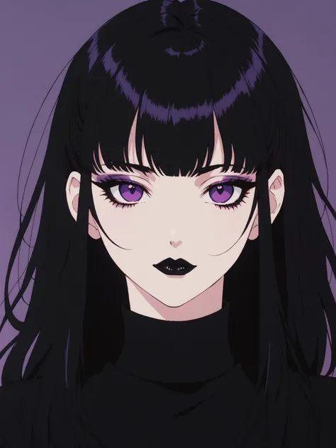 80s anime style, VHS screengrab, solo, adult, goth, black sweater, purple eyes, EGirlMakeup, eyeshadow, eyeliner, black lipstick, bangs, sidelocks, black hair, gorgeous, beautiful, portrait, wistful, sorrow,