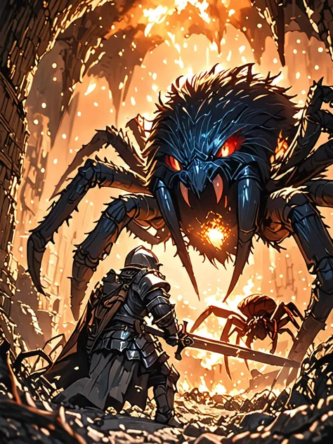 amazing quality, masterpiece, best quality, hyper detailed, ultra detailed, UHD, HDR, wide-angle lens, view from a 45-degree angle, from below, this is a world of giants except for humans, hairy spider monster, hairy spider in macro photography,
a Chibi Knight encounters a hairy spider underground at ancient ruins, epic battle, epic scene, the knight holds a sword to resist the attack of the hairy spider, dead silence, flame in the background, dry wood, cinematic composition, movie-level special effects, <lora:XL_boss_battle:1.0>, Bosstyle, <lora:add-detail-xl:0.75>, <lora:angryXL:0.85> angry, <lora:EnvyBetterHiresFixXL01:1.0>, <lora:extremely_detailed:1.2> extremely detailed, <lora:XL_Chibi_Knights_-_by_HailoKnight:.85>