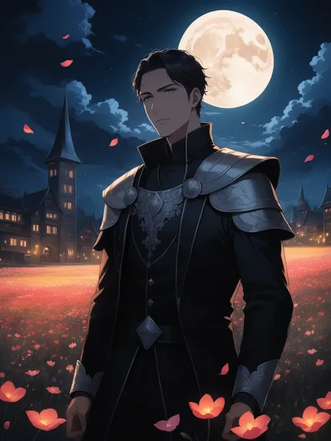 1boy, adult, handsome, broad shoulders, finely detailed eyes and detailed face, fantasy, night, dark theme, cinematic lighting, colorful, portrait, flying petal, Flowery meadow, cloudy sky, building, moon, light, dutch angle, cowboy shot