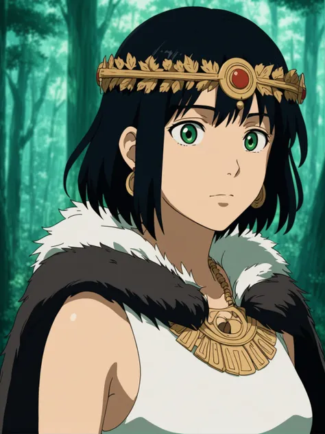 anime screencap from studio ghibli , san \(mononoke hime\), 1girl, armlet, bangs, black hair, black undershirt, breasts, cape, circlet, earrings, facepaint, floating hair, forest, fur cape, green eyes, jewelry, looking at viewer, medium breasts, nature, necklace, outdoors, parted bangs, shirt, short hair, sleeveless, sleeveless shirt, solo, tooth necklace, tree, upper body, white shirt , ((masterpiece))