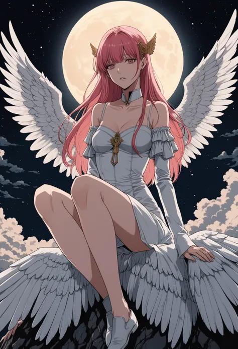 a photorealistic image of zero two sitting on top of a bird, poe's angel, in the style of akira, detailed skin, angelic purity, late night melancholic picture,  streaming on webtoon, as above so below, uncompressed png, little detail, time consumes us all, the angels are crying, vintage detailed anime