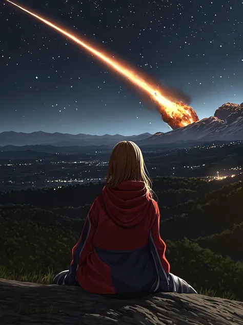 girl in jogging clothes, sitting on a small hill looking at the night sky, fflix_dmatter, back view, seeing an asteroid made of ral-vlntxplzn slamming into the earth nearby, ultra-realistic, extremely detailed, <lora:add-detail-xl:1> <lora:DarkMatterXLv2:0.6> <lora:ral-vlntxplzn-sdxl:0.8>