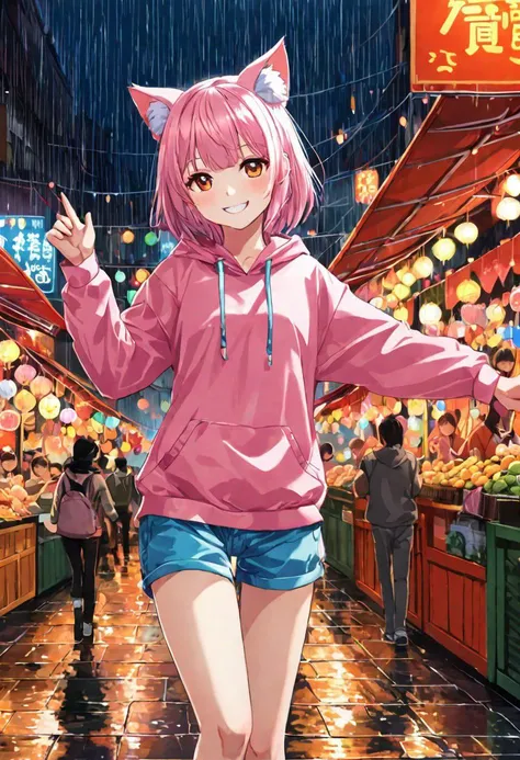 A young girl with short, messy pink hair and fluffy cat ears dances joyously in the pouring rain. Her clothes are soaked through, but her smile is wide and carefree. She twirls and spins, her movements mimicking the playful movements of a cat. The rain falls around her in shimmering streaks, reflecting the colorful lights of the night market behind her.
Anime, detailed, vibrant colors, dynamic composition, high resolution.
The cat ears should be a light pink color with slightly pointed tips.
The girl should be wearing colorful street clothes, like a hoodie and shorts.
The night market should be bustling with activity, with stalls selling food, games, and other goods.
The lighting should be colorful and whimsical, reflecting the festive atmosphere of the market.
The overall mood of the image should be joyful and energetic.