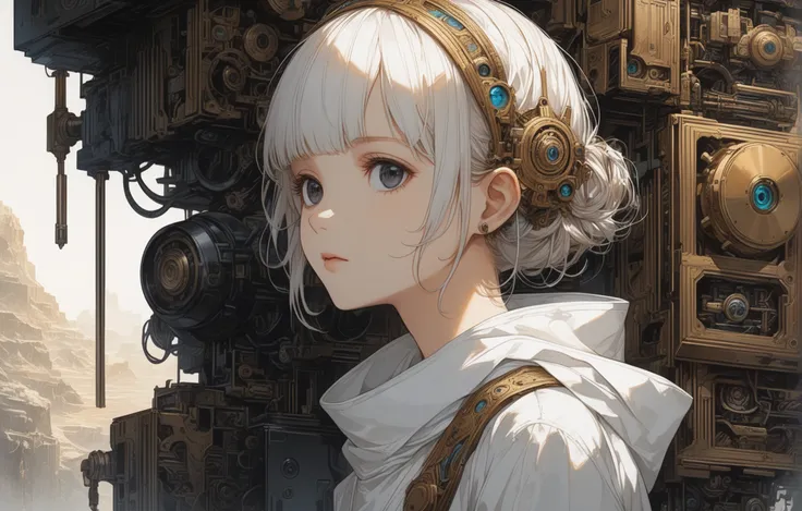 woman, fine white clothes, curiosity. Cute, shy, expressive eyes, full body shot, dark eyes, ancient mechanical devices in the background, Emily Balivet, Tim Blandin, James C. Christensen, Carne Griffiths, (1girl, portrait:0.5)