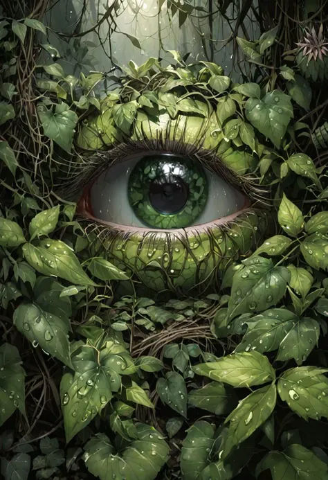 A HQ illustration of (poison ivy)! vines, creepers, crawlers, thorns, thistles. hot, humid, depressing atmosphere, depths of a lush jungle, wet, miserable, intricately detailed on every leaf, cinematic lighting, sharp, 4k. taken with a Canon EOS-1D X Mark III fitted with a Sigma 14-24mm f/2.8 DG HSM lens. ((looking at the viewer))