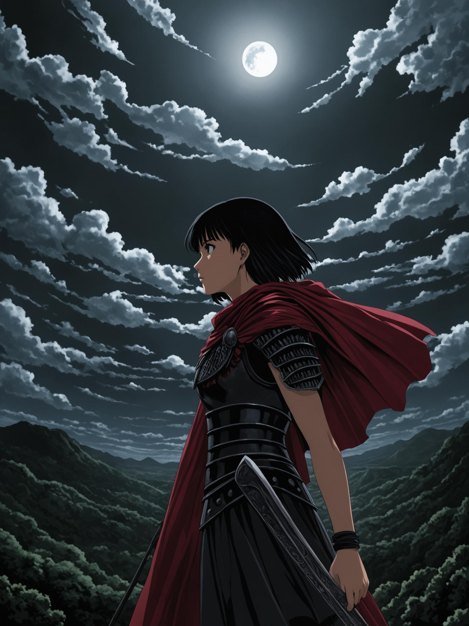 A woman in a red cape and black dress holding a sword - SeaArt AI