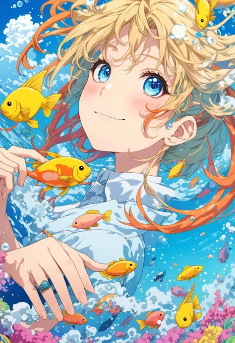 (mika pikazo), SK_ANIME, (flat color:1.1),(colorful:1.3),(masterpiece:1.2), best quality, original, extremely detailed wallpaper,
1girl, young woman, cute, smiling, looking at viewer,floating colorful water, [colorful fish], [blue eyes], sea background