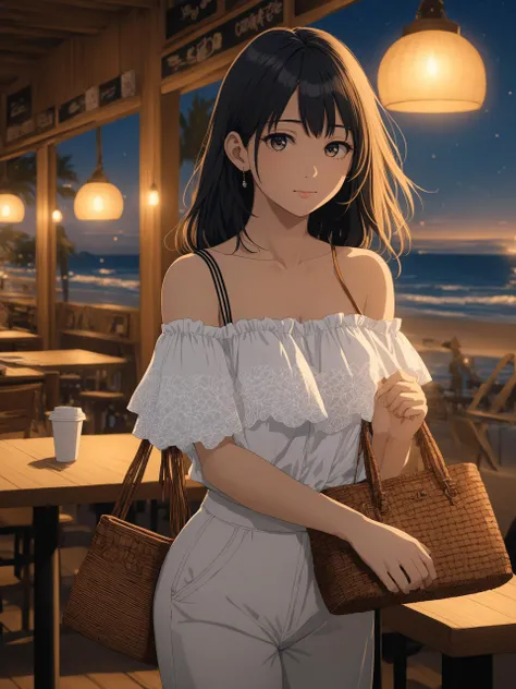 portait of 1girl wearing (Off-the-shoulder_blouse:1.4),(Wide-leg_cropped_pants:1.3),(Woven_handbag:1.2),(Beachside_cafe_background:1.4),
masterpiece, best quality, night, highres, 4k, 8k, intricate detail, cinematic lighting, amazing quality, amazing shading, soft lighting, Detailed Illustration, anime style, wallpaper