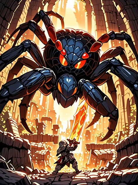 ((masterpiece, best quality, hyper detailed, UHD, HDR)), wide-angle lens, view from a 45-degree angle, from below, this is a world of giants except for humans, hairy spider monster, hairy spider in macro photography,
a Chibi Knight encounters a hairy spider underground at ancient ruins, epic battle, epic scene, the knight holds a sword to resist the attack of the hairy spider, dead silence, flame in the background, dry wood, cinematic composition, movie-level special effects, <lora:EnvyBetterHiresFixXL01:.80>, <lora:extremely_detailed:.75> extremely detailed, <lora:XL_Chibi_Knights_-_by_HailoKnight:.85>