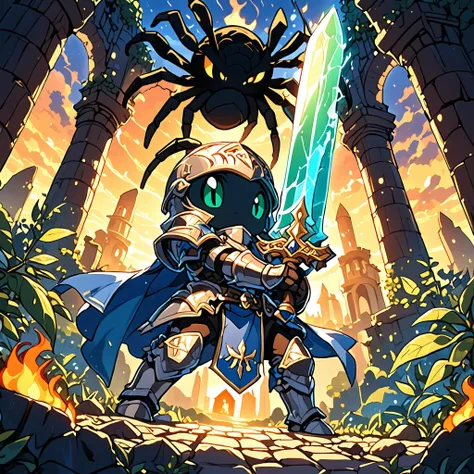 ((masterpiece, best quality, hyper detailed, UHD, HDR)), wide-angle lens, view from a 45-degree angle, from below, this is a world of giants except for humans, a shattered and ancient world, filled with Secrets and Dangers! We watch
a <lora:XL_Chibi_Knights_-_by_HailoKnight:.85> Chibi Knight with her shining full plate armor cautiously enters the ancient ruins at Sunset, then descends into the dark depths in search of glory and treasure. Her helmet is open so she can see well. The Chibi Knight encounters a Hairy Giant Spider, and an epic battle starts!, In this epic scene, the brave Chibi Knight holds a sword to resist the attack of the hairy spider, scattered flames in the background, moss covered wood, natural light, turbulent and dramatic skies, cinematic composition, movie-level special effects, <lora:EnvyBetterHiresFixXL01:.80>, <lora:extremely_detailed:.75> extremely detailed,