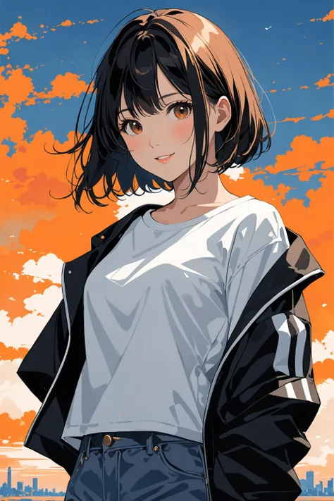 <comment:SUBJECT:0>
(Painted Anime) (Asian girl, 18 years old),
<comment:DESCRIPTOR:0>
(short black and hair left down dyed orange at the tips, brown eyes, just above shoulders, smiling, wearing a white t-shirt with a black jacket),
<comment:MEDIA:0>
your name anime art style, masterpiece digital painting, exquisite lighting and composition, inspired by wlop art style, exquisite lighting and composition, 8k, sharp, very detailed, high resolution, illustration,
<comment:WEBSITE_ARTIST:0>
art by atey ghailan, painterly anime style at pixiv, art by kantoku, in art style of redjuice/necömi/rella/tiv pixiv collab,
<comment:LORAs:0>
<comment:EMBEDDINGS:0>