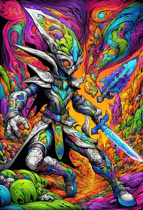 DonMM3l4nch0l1cP5ych0XL,vibrant, psychodelic, female silas, terraformer,templar, enchanted dagger, <lora:DonMM3l4nch0l1cP5ych0XL-000004:0.8>
