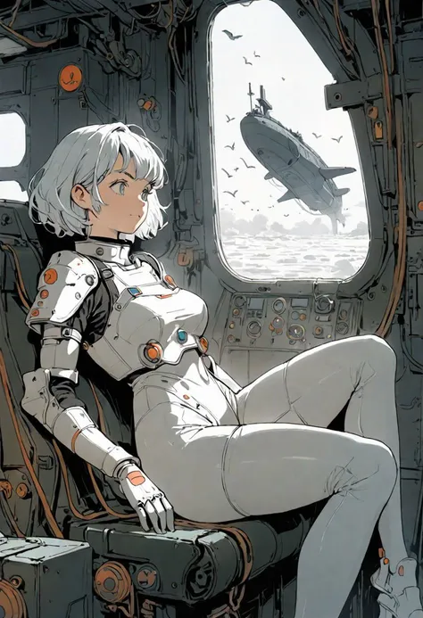 Black and white lineart 90's vintage manga, a woman with short hair in shorts sitting in a submarine cockpit, wearing a ripped spacesuit armor, big breasts. Detailed art, super fine line art 90's vintage, bulma, looking out the window, ghibli, moebius, tsutomu nihei. Powerful pose, speed lines, birds are flying around, industrial architecture, pulsating veins and pipes and tunnels, walkways, rust, fog, foggy, ancient superstructures