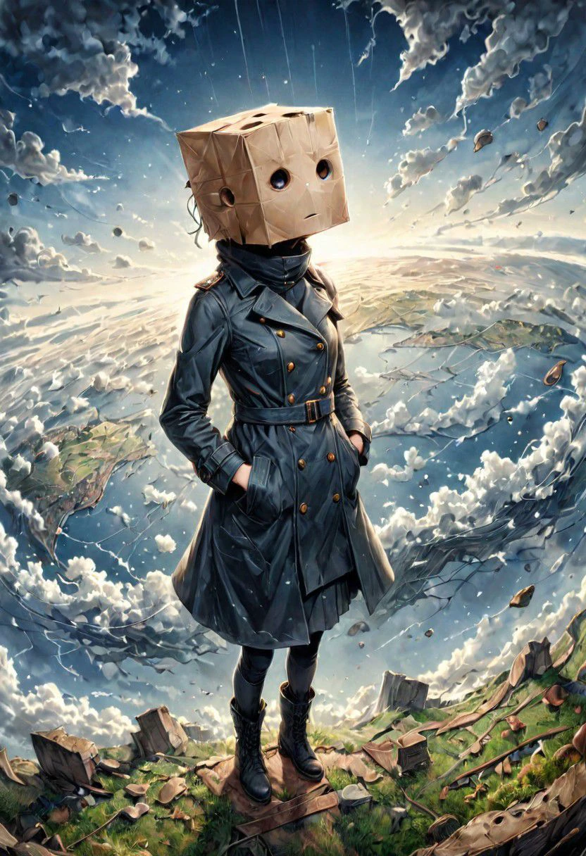 Pinhole Photography, anime realism, fisheye effect, subject on profile, 1girl, paper bag on head with holes for eyes and mouth, long black trench coat closed, hands in coat, black boots, floating in the sky overlooking the earth, from above, art style of Junji Ito, expressive body language, focus on face and eyes, ultra detailed, line art, bold and thick lines
