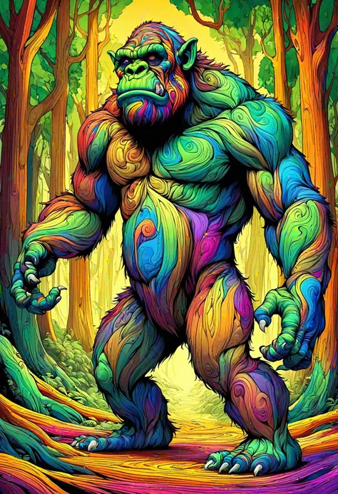 DonMM3l4nch0l1cP5ych0XL,vibrant, psychodelic, orc, large humanoid cryptid ape like creature, covered in brown dark fur, long arms, wilderness areas, forests, elusive mysterious forest-dwelling creature, liquefy,trendy,unbelievable , <lora:DonMM3l4nch0l1cP5ych0XL-000004:0.8>