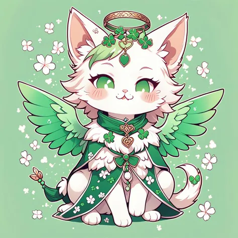 high detail,amazing quality,
cute cat,(wink eyes,blink eyes:1.5),whimsical halo hovering,green wings,clover falling,choker,the mage's robe,light green color tone,simple background,