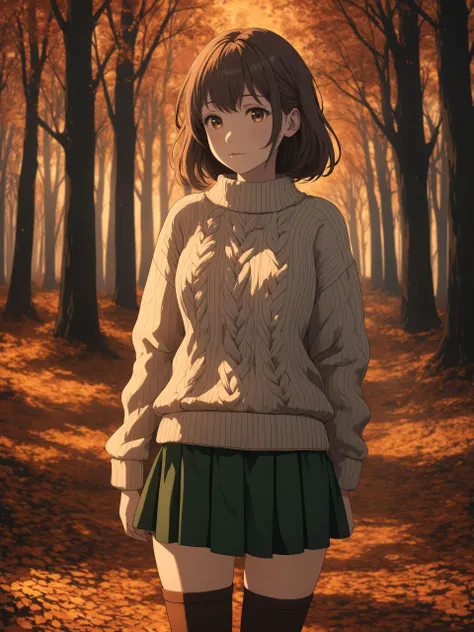 portait of 1girl wearing (Cozy_knit_sweater:1.5),(Corduroy_skirt:1.4),(Knee-high_boots:1.3),(Autumn_forest_background:1.4),
masterpiece, best quality, night, highres, 4k, 8k, intricate detail, cinematic lighting, amazing quality, amazing shading, soft lighting, Detailed Illustration, anime style, wallpaper