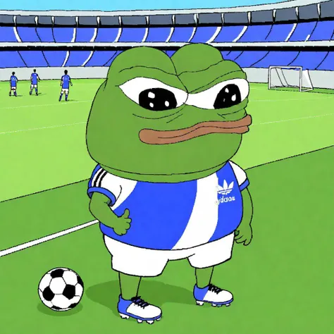 masterpiece, perfect anatomy, best quality, hi-res, vibrant, avatar icon, 1boy, frog, animal focus, male focus, solo, apu apustaja, confident, smile, smug face, soccer uniform, adidas, samsung, cleats, sneakers, standing, soccer ball, facing towards viewer, looking towards viewer, thumbs up, soccer, soccer field, stadium, goal, flags of all nations, no humans