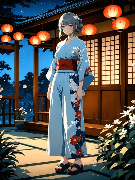 portait of 1girl wearing (Silk_kimono:1.5),(Wide-leg_trousers:1.4),(Platform_sandals:1.3),(Teahouse_garden_background:1.4),
masterpiece, best quality, night, highres, 4k, 8k, intricate detail, cinematic lighting, amazing quality, amazing shading, soft lighting, Detailed Illustration, anime style, wallpaper <lora:sdxl_lightning_8step_lora:1>
