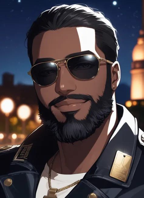 1boy, male focus, military tags, gloves, jacket, dark-skinned male, dark skin, facial hair, night, beard, smile, sunglasses, portrait, ((masterpiece))