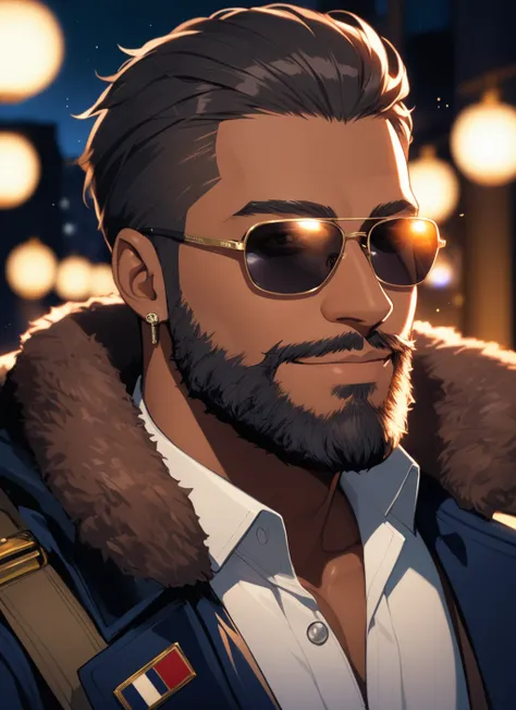 1boy, male focus, military tags, gloves, jacket, dark-skinned male, dark skin, facial hair, night, beard, smile, sunglasses, portrait, ((masterpiece))