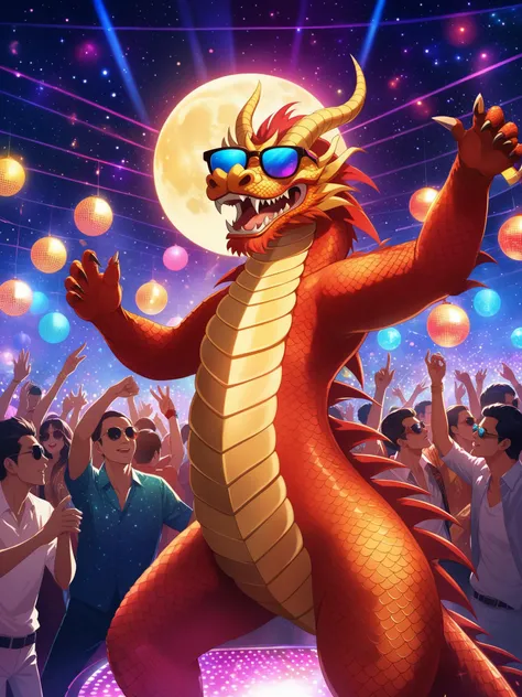 dancing eastern dragon with claws is wearing sunglasses in disco club is surrounded by his highly detailed fans, celebrating, moon disco ball, lunar new year, starry ceiling, smoke exhaled from the nostrils, cinematic, detailed body, detailed eyes, 8K, best quality, full sharp, highly detailed, extreme quality