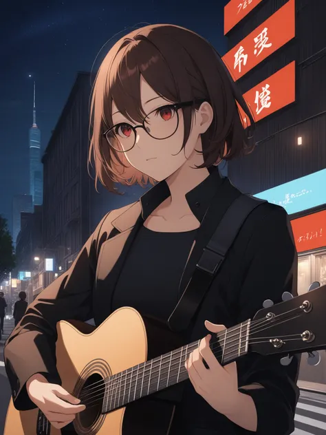 1girl, upper body, standing, playing guitar, medium hair, brown hair, red eyes, black glasses, black jacket, sleeves rolled up, outdoors, city, street, night, night sky