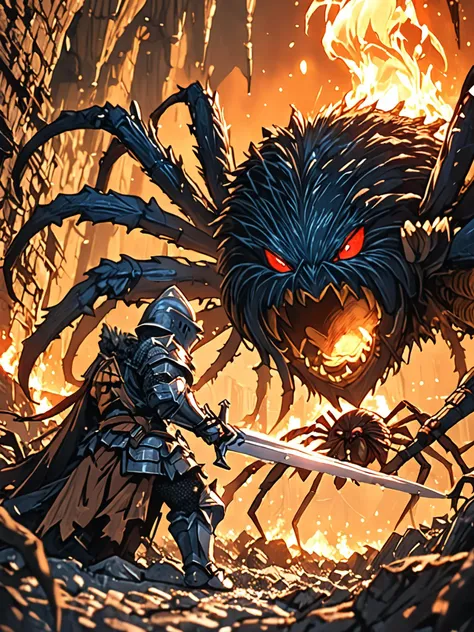 amazing quality, masterpiece, best quality, hyper detailed, ultra detailed, UHD, HDR, wide-angle lens, view from a 45-degree angle, from below, this is a world of giants except for humans, hairy spider monster, hairy spider in macro photography,
a Chibi Knight encounters a hairy spider underground at ancient ruins, epic battle, epic scene, the knight holds a sword to resist the attack of the hairy spider, dead silence, flame in the background, dry wood, cinematic composition, movie-level special effects, <lora:XL_boss_battle:1.0>, Bosstyle, <lora:add-detail-xl:0.75>, <lora:angryXL:0.85> angry, <lora:EnvyBetterHiresFixXL01:1.0>, <lora:extremely_detailed:1.2> extremely detailed, <lora:XL_Chibi_Knights_-_by_HailoKnight:.85>