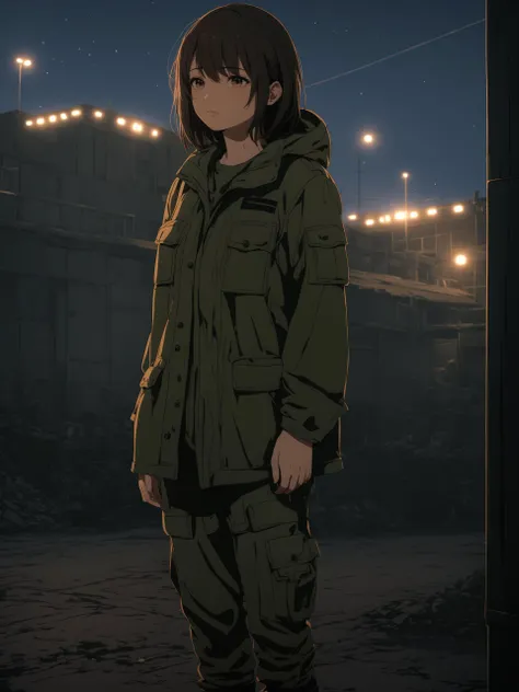 portait of 1girl wearing (Utility_jacket:1.4),(Cargo_pants:1.3),(Combat_boots:1.2),(Army_barracks_background:1.4),
masterpiece, best quality, night, highres, 4k, 8k, intricate detail, cinematic lighting, amazing quality, amazing shading, soft lighting, Detailed Illustration, anime style, wallpaper