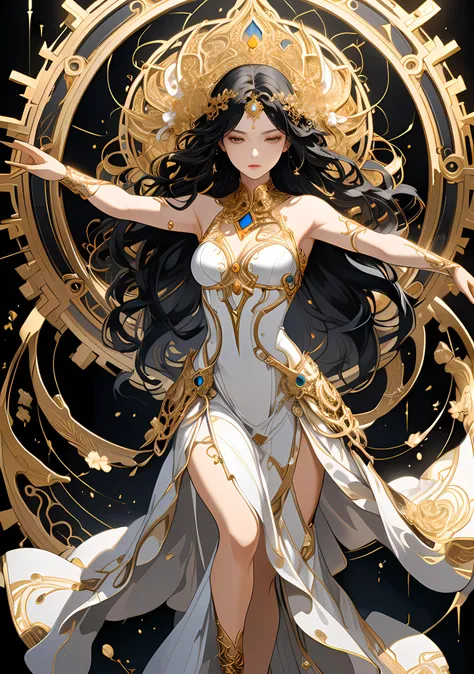 a stunning art, abstract, angelic, a goddess with black hair, white dress, gold details, dynamic pose, centered, key visual, intricate, highly detailed, breathtaking beauty, precise lineart, vibrant, comprehensive, cinematic <lora:xl_more_art-full_v1:1>