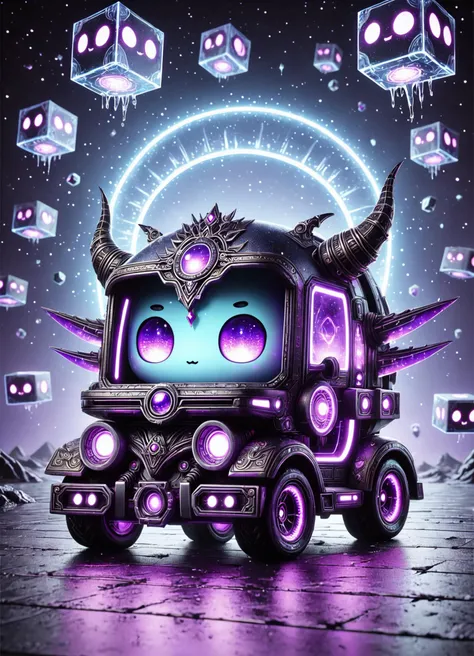 DonMCu73D4rkXL, cute, chibi, cube scifi boring vehicle (total recall), curved fenders, mood lighting, splash guards, ice, alien, , <lora:DonMCu73D4rkXL:0.8>