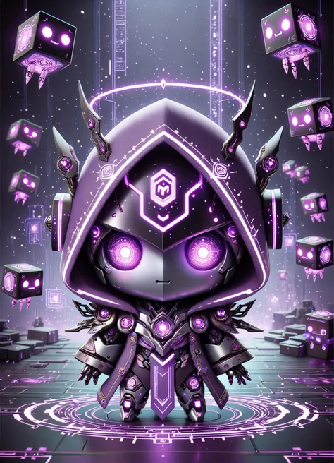 DonMCu73D4rkXL, cute, chibi, cube cyberpunk of sentient robot- robots with expressive visual displays, glowing eyes, and sleek, polished exteriors , cybersecurity analyst, <lora:DonMCu73D4rkXL:0.8>