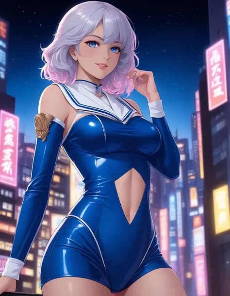 masterpiece, best quality, highly detailed, 80s Japan anime style, urban portrait at night, front-facing seductive magical woman in her late 20s with a sultry smile, wearing a tight-fitting sailor-style magical outfit with white and blue colors, the outfit made of high-quality faux leather with a glossy finish, revealing yet elegant design, striking a seductive pose with one hand on her hip and the other slightly raised, cityscape background at night with neon lights, abstract and fragmented style, vibrant blue, white, and pink color palette, modern artistic composition, smooth shading, dynamic background with bold, abstract lines
<lora:add-detail-xl:2>