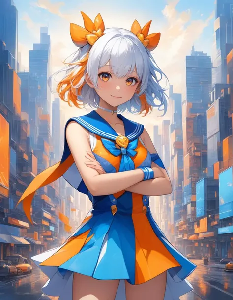 masterpiece, best quality, highly detailed, anime style, urban portrait, front-facing magical girl with a bright smile, wearing a sailor-style magical outfit with white and blue colors, striking a cute pose with arms gently crossed in front of her, cityscape background with orange accents, abstract and fragmented style, vibrant blue, white, and orange color palette, modern artistic composition, smooth shading, dynamic background with bold, abstract lines
<lora:add-detail-xl:2>
