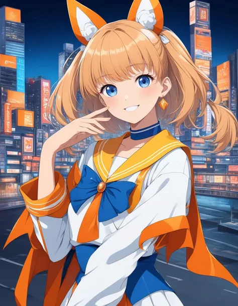 masterpiece, best quality, highly detailed, 80s Japan anime style, urban portrait, front-facing magical girl with a bright smile, wearing a sailor-style magical outfit with white and blue colors, striking a cute pose with one hand resting on her cheek, cityscape background with orange accents, abstract and fragmented style, vibrant blue, white, and orange color palette, modern artistic composition, smooth shading, dynamic background with bold, abstract lines
<lora:add-detail-xl:2>