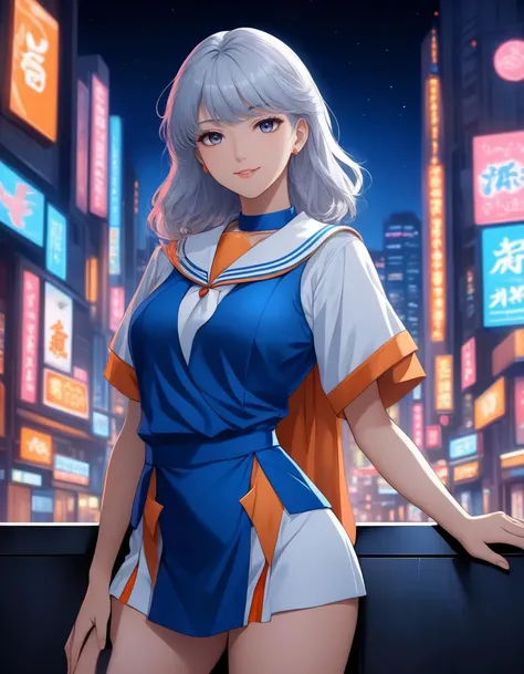 masterpiece, best quality, highly detailed, 80s Japan anime style, urban portrait at night, front-facing alluring magical woman in her late 20s with a confident smile, wearing a sailor-style magical outfit with white and blue colors, striking a subtly seductive pose with one hand resting on her hip, cityscape background at night with neon lights and orange accents, abstract and fragmented style, vibrant blue, white, and pink color palette, modern artistic composition, smooth shading, dynamic background with bold, abstract lines
<lora:add-detail-xl:2>