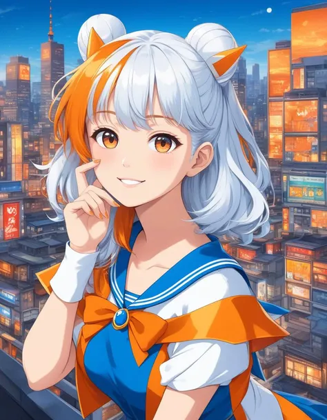 masterpiece, best quality, highly detailed, 80s Japan anime style, urban portrait, front-facing magical girl with a bright smile, wearing a sailor-style magical outfit with white and blue colors, striking a cute pose with one hand resting on her cheek, cityscape background with orange accents, abstract and fragmented style, vibrant blue, white, and orange color palette, modern artistic composition, smooth shading, dynamic background with bold, abstract lines
<lora:add-detail-xl:2>