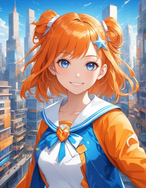 masterpiece, best quality, highly detailed, anime style, urban portrait, front-facing magical girl with a bright smile, wearing a sailor-style magical outfit with white and blue colors, cityscape background with orange accents, abstract and fragmented style, vibrant blue, white, and orange color palette, modern artistic composition, smooth shading, dynamic background with bold, abstract lines
<lora:add-detail-xl:2>