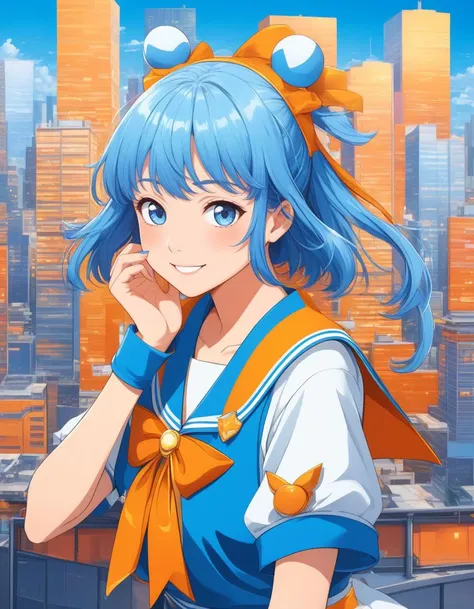 masterpiece, best quality, highly detailed, 80s Japan anime style, urban portrait, front-facing magical girl with a bright smile, wearing a sailor-style magical outfit with white and blue colors, striking a cute pose with one hand resting on her cheek, cityscape background with orange accents, abstract and fragmented style, vibrant blue, white, and orange color palette, modern artistic composition, smooth shading, dynamic background with bold, abstract lines
<lora:add-detail-xl:2>