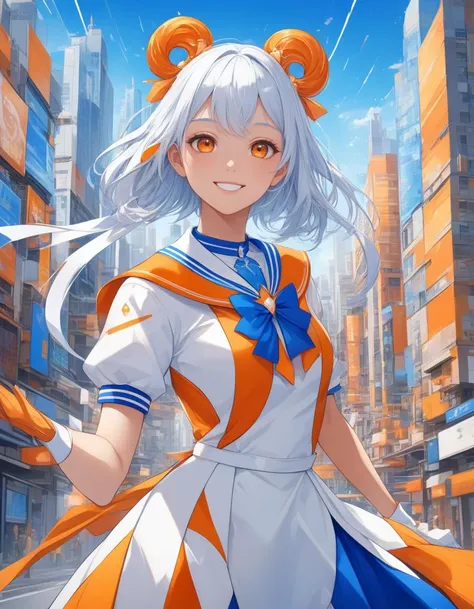 masterpiece, best quality, highly detailed, anime style, urban portrait, front-facing magical girl with a bright smile, wearing a sailor-style magical outfit with white and blue colors, cityscape background with orange accents, abstract and fragmented style, vibrant blue, white, and orange color palette, modern artistic composition, smooth shading, dynamic background with bold, abstract lines
<lora:add-detail-xl:2>