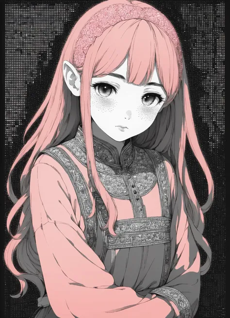 DonMD4t4D3ns1tyXL,score_9, score_8_up, score_7_up, score_6_up, female teenager, solid, central asian, steel gray eyes, round ears, soft cheeks, graceful eyebrows, scars, peach voluminous curls hair, amusement wearing coral pink damask cropped wide-leg jumpsuit, high-low hem top, , arms wrapped around knees, showing vulnerability,dot art, data density, monochrome , rating_safe <lora:DonMD4t4D3ns1tyXL-pony:0.8>