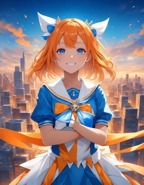 masterpiece, best quality, highly detailed, anime style, urban portrait, front-facing magical girl with a bright smile, wearing a sailor-style magical outfit with white and blue colors, striking a cute pose with arms gently crossed in front of her, cityscape background with orange accents, abstract and fragmented style, vibrant blue, white, and orange color palette, modern artistic composition, smooth shading, dynamic background with bold, abstract lines
<lora:add-detail-xl:2>