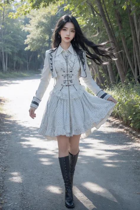 cinematic photo 1girl,brown eyes,(black long straight hair:1.2),(full body:1.5),looking at viewer,8k uhd,dslr,soft lighting,high quality,film overlay,film grain,Fujifilm XT3,outdoors,photorealistic,realistic,solo,upper body,richly defined face,dewy skin,products shot,(high detailed skin:1.2),detailed face and eyes,natural skin texture,highly detailed skin,textured skin,skin pores,imperfect skin,visible skin detail,detailed skin texture,dynamic pose,windy,young beauty,(transparent dress:1.2),earrings,hairpin,necklace,architecture,east asian,riverside,forest,outdoors,sun light,<lora:cool_dress_style4_v5:0.6>,
