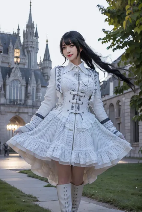 realistic, photorealistic, masterpiece, best quality, 8k, ultra detail, HDR, , white cooldress, white knee boots, 1girl, solo, smile, looking at viewer, long black hair, full body, standing, dynamic pose, outdoor, garden, castle, night, detailed background, <lora:Cute Asian Face:0.65>, <lora:cool_dress_style4_v5:0.7>