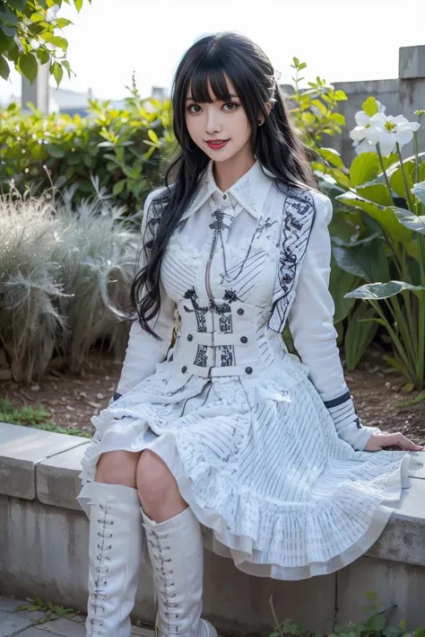 realistic, photorealistic, masterpiece, best quality, white cooldress,white knee boots, 1girl, solo, smile, looking at viewer, long black hair, full body, sitting, outdoor, garden, detailed background, <lora:Cute Asian Face:0.65>, <lora:cool_dress_style4_v5:0.7>