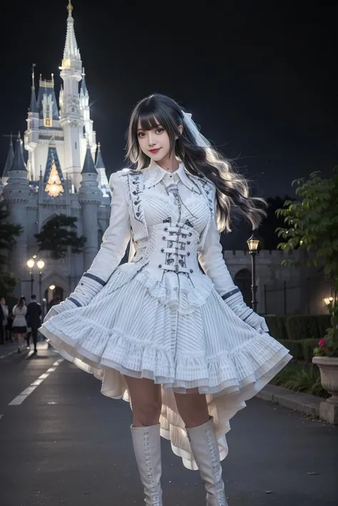 realistic, photorealistic, 8k, ultra detail, HDR, masterpiece, best quality, white cooldress, white knee boots, 1girl, solo, smile, looking at viewer, long black hair, full body, standing, dynamic pose, outdoor, garden, castle, night, detailed background, <lora:Cute Asian Face:0.65>, <lora:cool_dress_style4_v5:0.7>