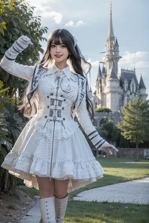 realistic, photorealistic, masterpiece, best quality, 8k, ultra detail, HDR, , white cooldress, white knee boots, 1girl, solo, smile, looking at viewer, long black hair, full body, standing, dynamic pose, outdoor, garden, castle, night, detailed background, <lora:Cute Asian Face:0.65>, <lora:cool_dress_style4_v5:0.7>