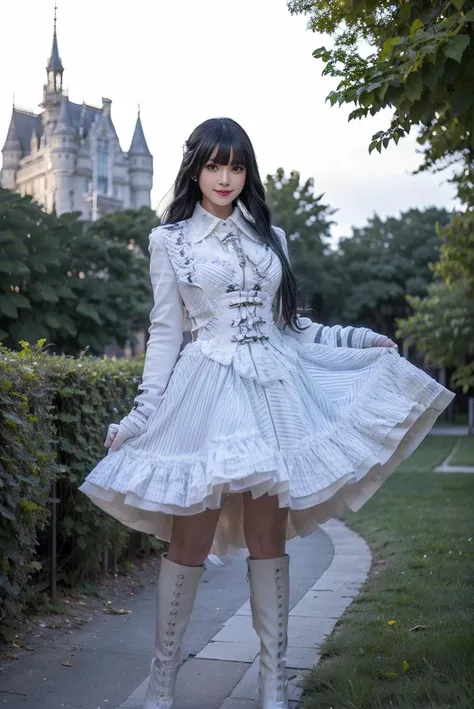 realistic, photorealistic, masterpiece, best quality, 8k, ultra detail, HDR, , white cooldress, white knee boots, 1girl, solo, smile, looking at viewer, long black hair, full body, standing, outdoor, garden, castle, night, detailed background, <lora:Cute Asian Face:0.65>, <lora:cool_dress_style4_v5:0.7>