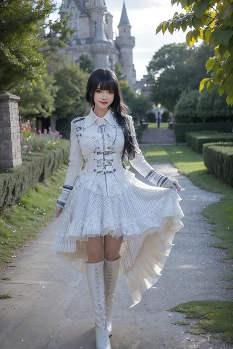 realistic, photorealistic, masterpiece, best quality, 8k, ultra detail, HDR, , white cooldress, white knee boots, 1girl, solo, smile, looking at viewer, long black hair, full body, standing, outdoor, garden, castle, night, detailed background, <lora:Cute Asian Face:0.65>, <lora:cool_dress_style4_v5:0.7>