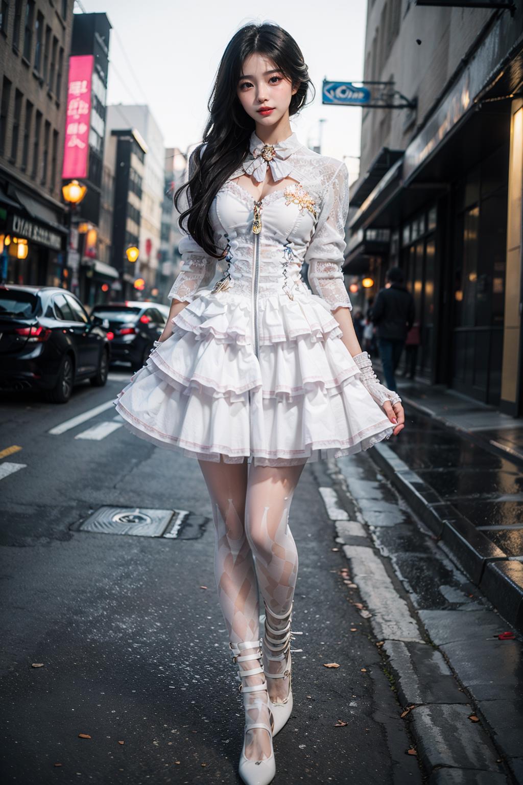 Araffe dressed in white and white dress walking down a street - SeaArt AI